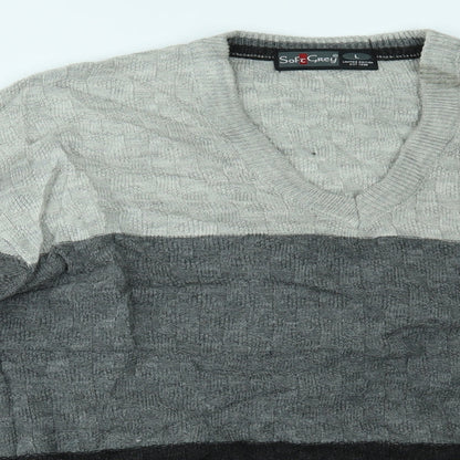SOFT GREY Mens Grey Striped  Pullover Jumper Size L