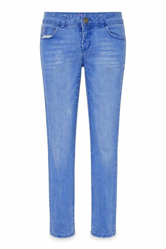 Front view of EDC women’s blue denim skinny jeans, size UK 30, in, 28-inch leg