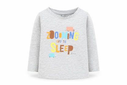 Front view of George Baby Grey Basic T-Shirt, size 12-18, Months - zooming off to sleep