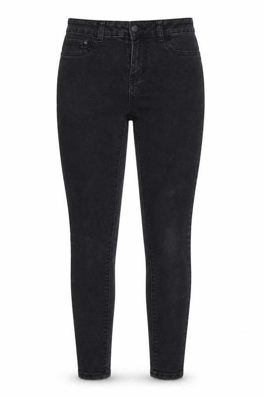 Front view of Denim & Co. women’s black denim tapered jeans, size UK 8, 28-inch leg