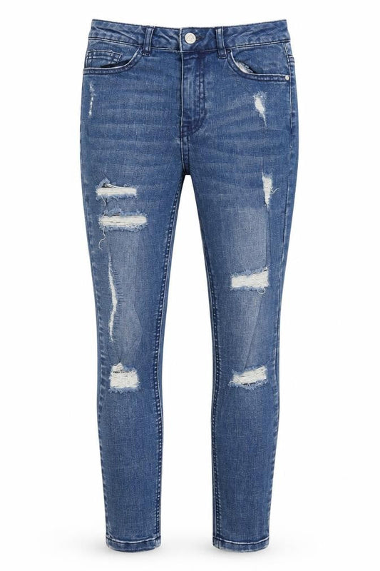 Front view of Missguided women’s blue denim skinny jeans, size UK 4, 28-inch leg