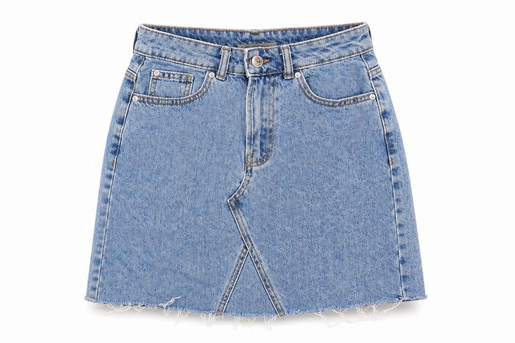 Front view of denim and co women’s blue flare skirt, size UK 8