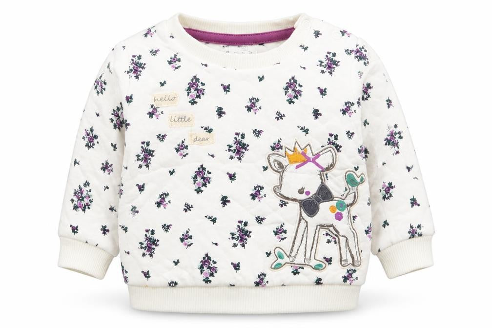 Front view of F&F girls’ white floral jumper, size 0-3, months