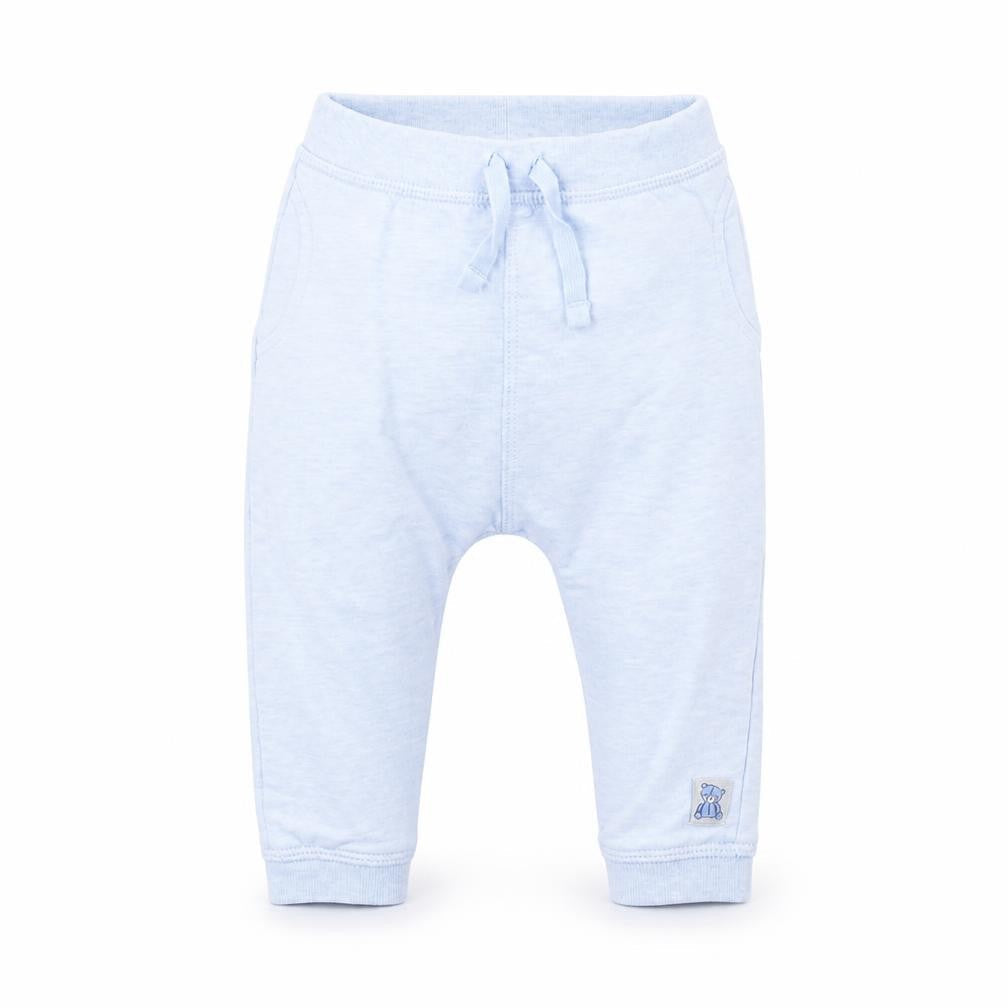 Front view of Nutmeg girls’ blue sweatpants, size 6-9, months