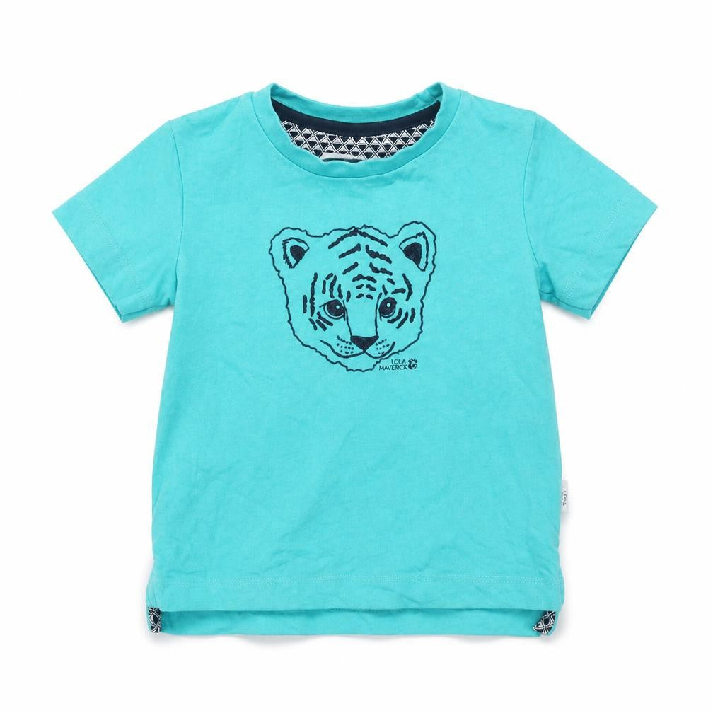 Front view of Lola Maverick Baby Blue Basic T-Shirt, size 12-18, Months - tiger