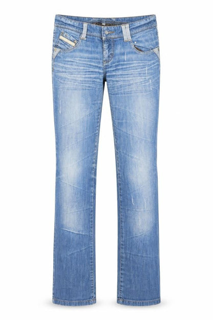 Front view of Astradivarius women’s blue straight jeans, size UK 8, 36-inch leg