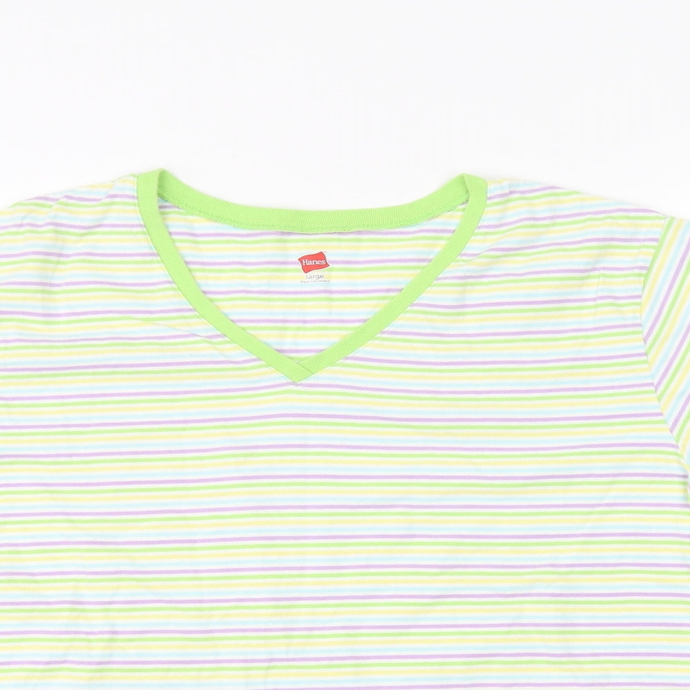 Hanes Womens White Striped  Basic T-Shirt Size L