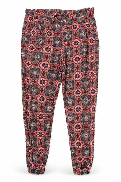 Front view of Atmosphere women’s multicoloured geometric trousers, size UK 8, 22-inch leg
