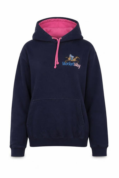 Front view of Awdis women’s blue pullover hoodie, size S