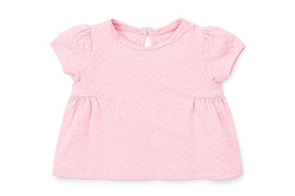 Front view of Mothercare girls’ pink polka dot basic t-shirt, size 3-6, months