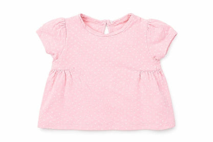 Front view of Mothercare girls’ pink polka dot basic t-shirt, size 3-6, months