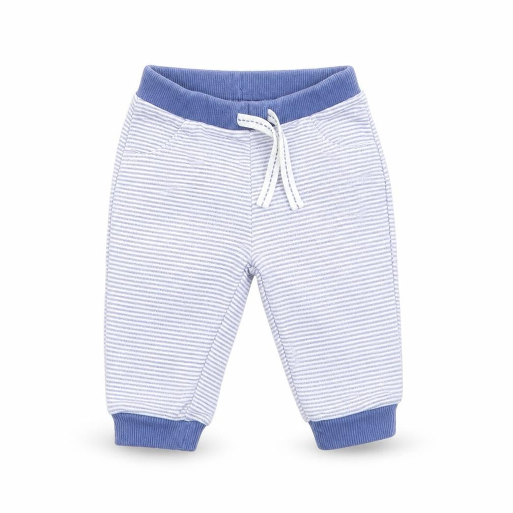 Front view of Matalan boys’ blue striped sweatpants, size 3-6, months