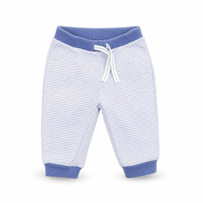 Front view of Matalan boys’ blue striped sweatpants, size 3-6, months