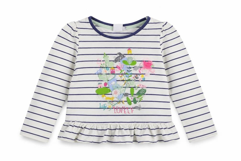 Front view of Mini Club girls’ white striped basic t-shirt, size 9-12, months
