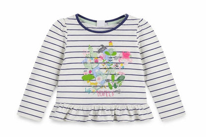 Front view of Mini Club girls’ white striped basic t-shirt, size 9-12, months