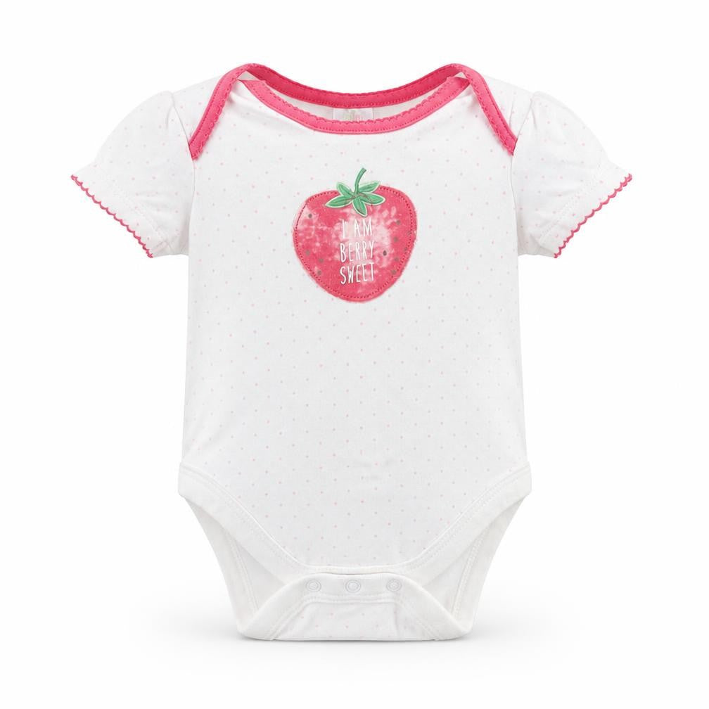 Front view of Mini Club girls’ white spotted babygrow one-piece, size 3-6, months