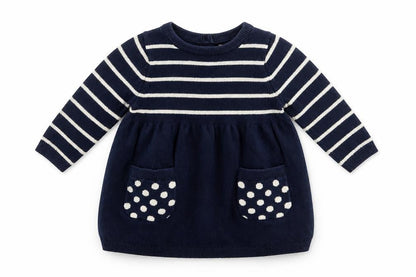 Front view of Gap girls’ blue striped jumper dress, size 3-6, months