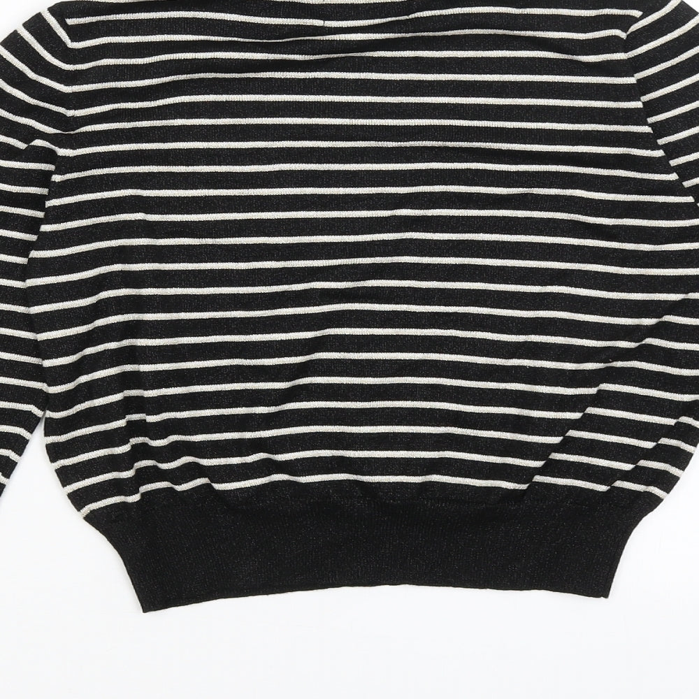 Brand and care label for Absolutely women’s black striped basic t-shirt, size S