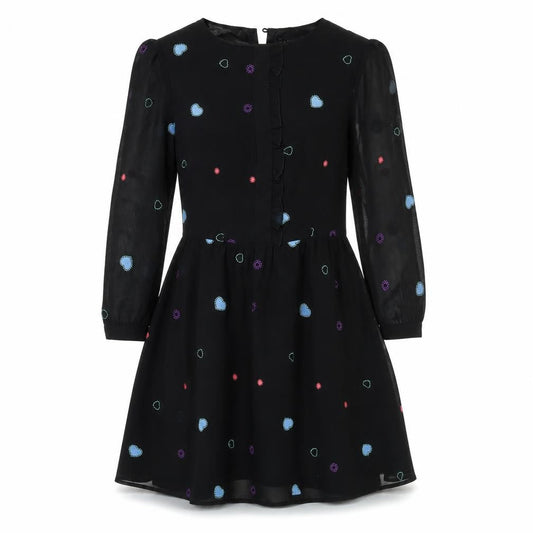 Front view of Love Label women’s black geometric a-line, size UK 8, - hearts