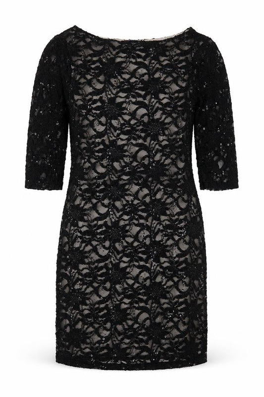 Front view of Evie women’s black lace pencil dress, size UK 10
