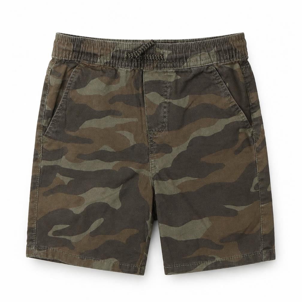 Front view of Denim Co boys’ green camouflage bermuda shorts, size 4-5, years