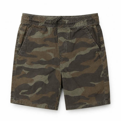 Front view of Denim Co boys’ green camouflage bermuda shorts, size 4-5, years