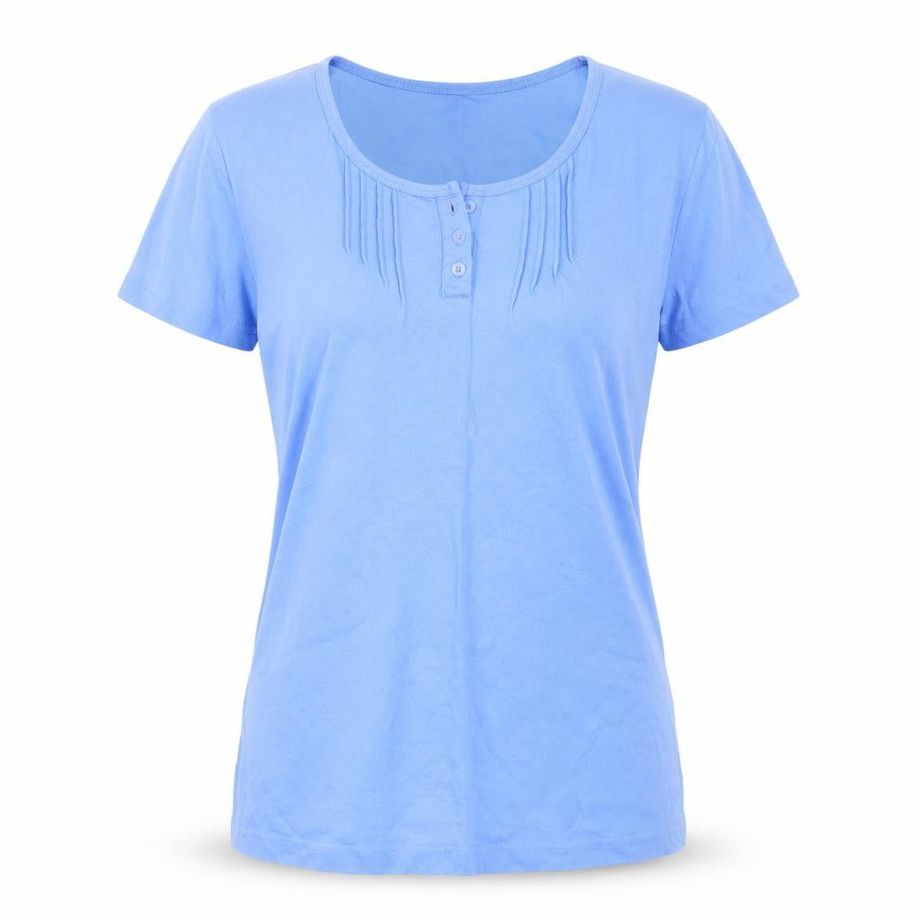 Front view of Naturally Close women’s blue geometric top pyjama top, size UK 12