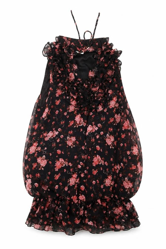 Front view of New Look women’s black floral mini, size UK 10