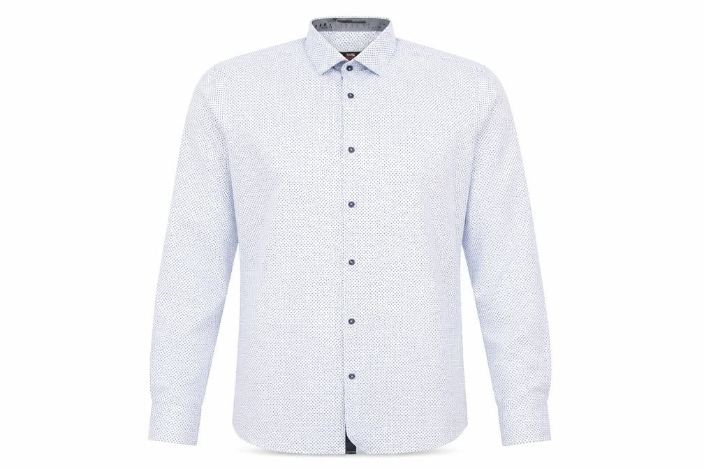 Front view of George men’s blue polka dot dress shirt, size 14