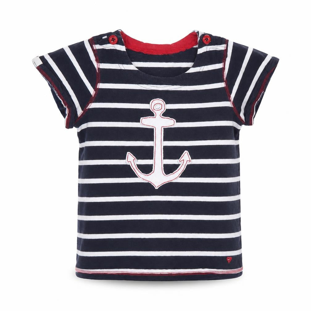 Front view of Hatkley girls’ blue striped basic t-shirt, size 7, years