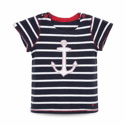 Front view of Hatkley girls’ blue striped basic t-shirt, size 7, years