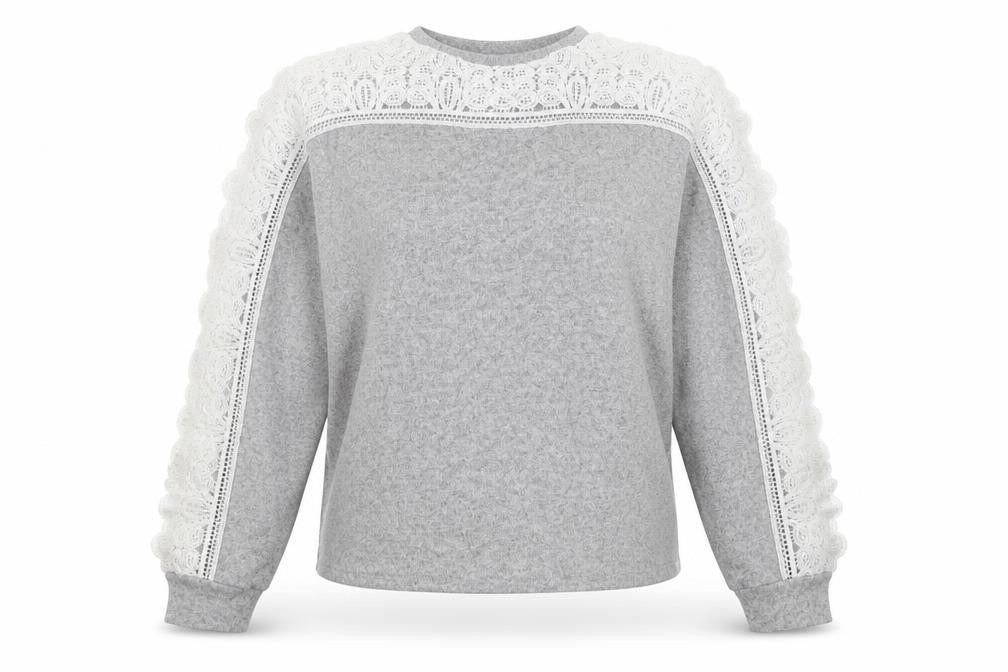 Front view of SHEIN women’s grey pullover sweatshirt, size S, - lace sleeve detail