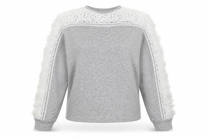 Front view of SHEIN women’s grey pullover sweatshirt, size S, - lace sleeve detail