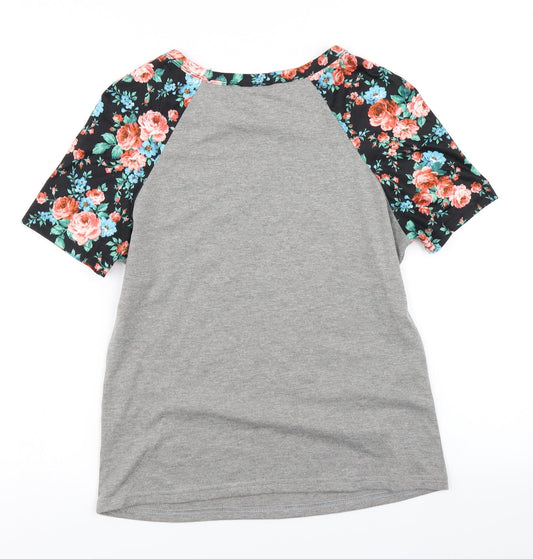 SheIn Womens Grey Floral  Basic T-Shirt Size S