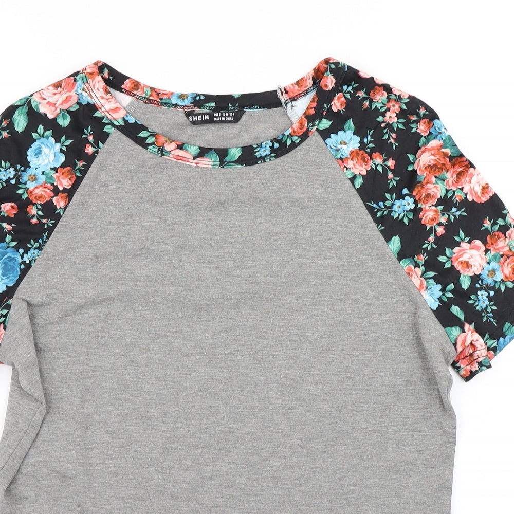 SheIn Womens Grey Floral  Basic T-Shirt Size S
