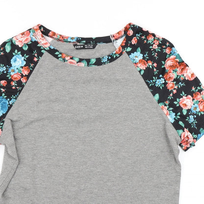 SheIn Womens Grey Floral  Basic T-Shirt Size S