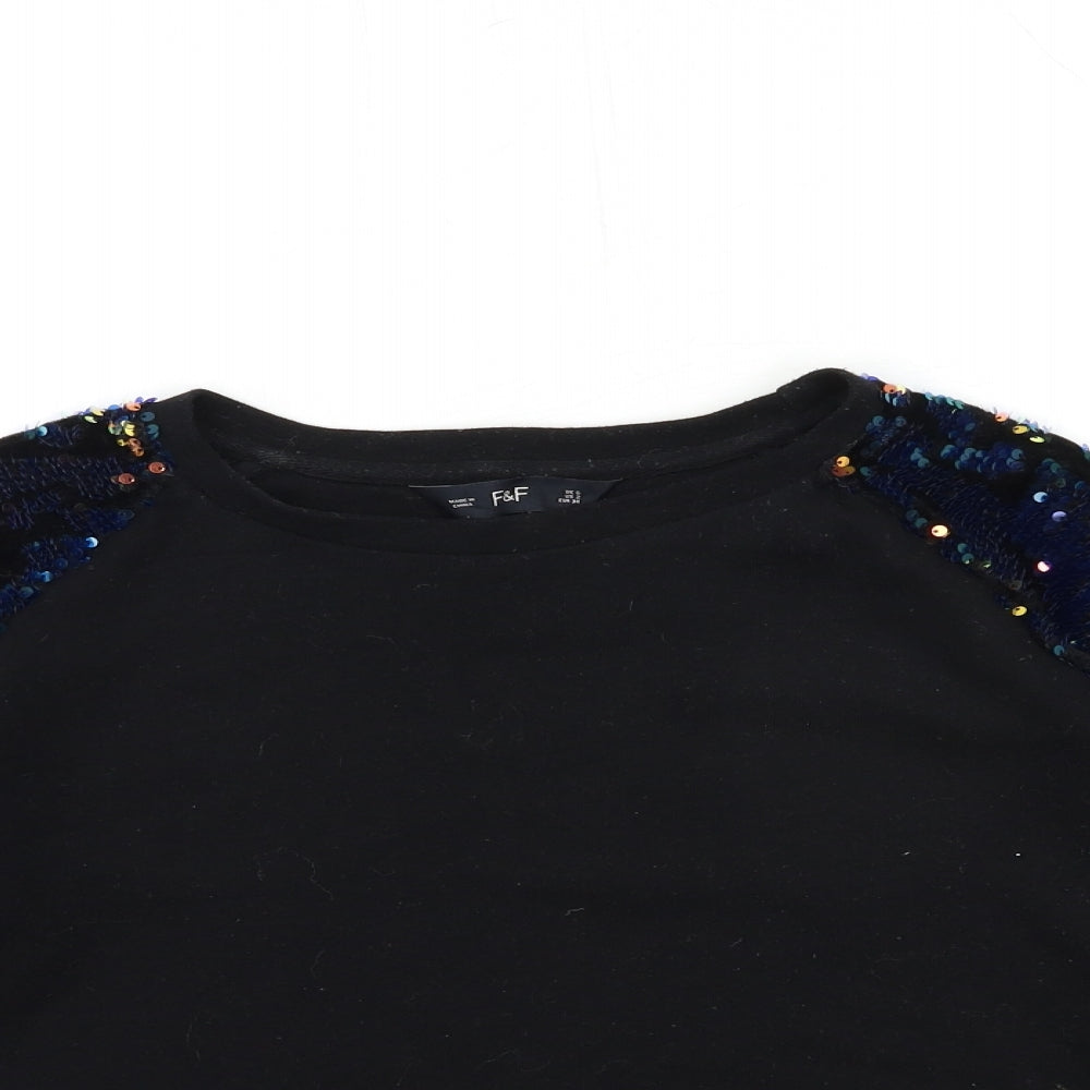 Close-up detail of F&F women’s black pullover sweatshirt, size UK 6