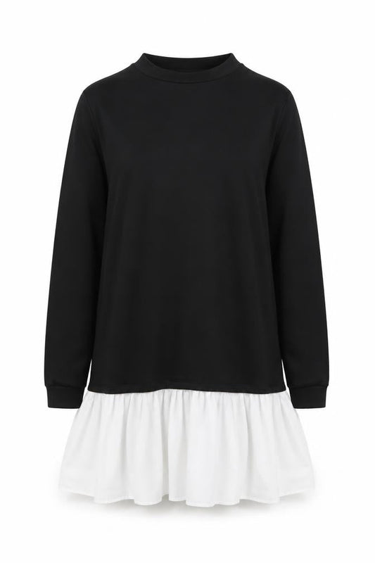 Front view of PRETTYLITTLETHING women’s black jumper dress, size UK 4
