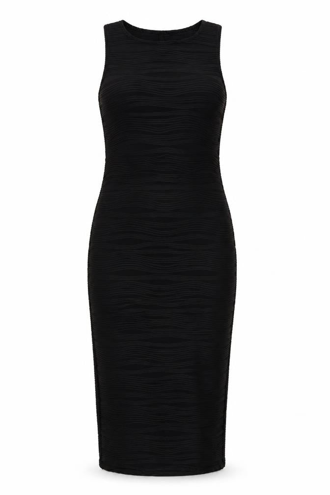 Front view of New Look women’s black striped wrap dress, size UK 10