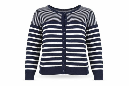 Front view of Miso women’s blue striped cardigan jumper, size M