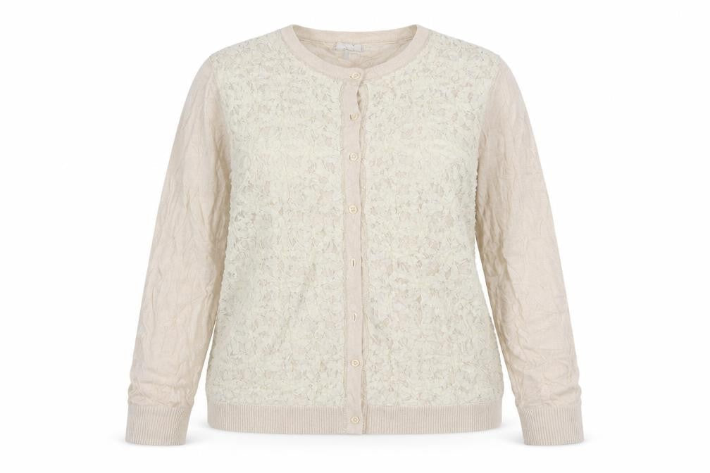 Front view of Per Una women’s brown floral cardigan jumper, size UK 18