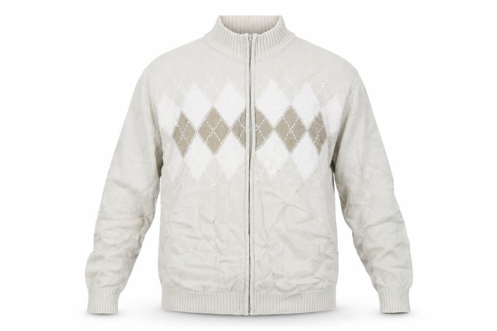 Front view of Brooker men’s brown argyle/diamond full zip sweatshirt, size L