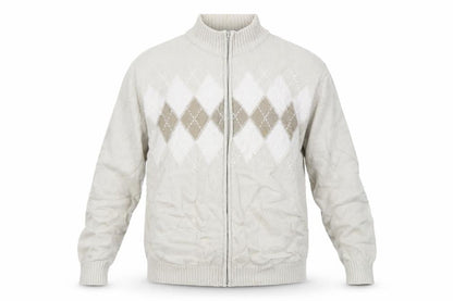 Front view of Brooker men’s brown argyle/diamond full zip sweatshirt, size L