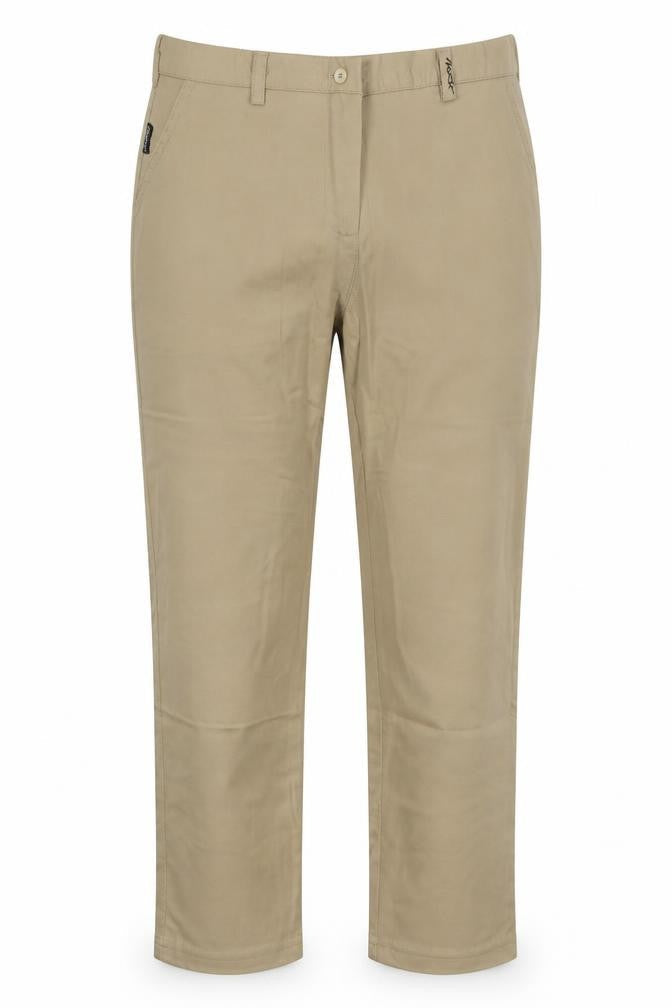 Front view of mouse women’s beige trousers, size UK 38, 31-inch leg