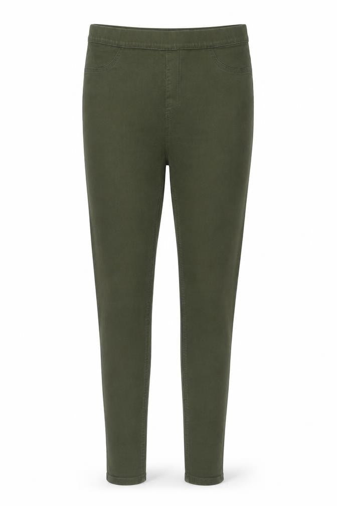 Front view of women’s green denim jegging jeans, size UK 34, in, 30-inch leg