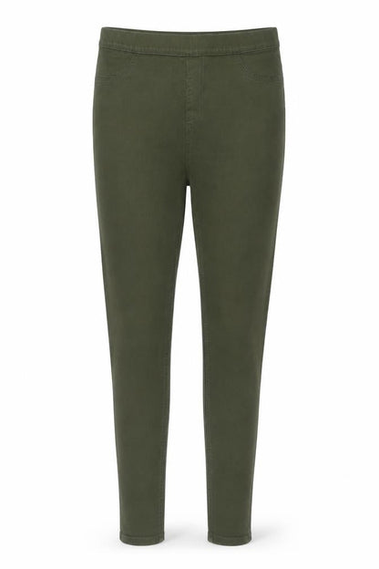 Front view of women’s green denim jegging jeans, size UK 34, in, 30-inch leg
