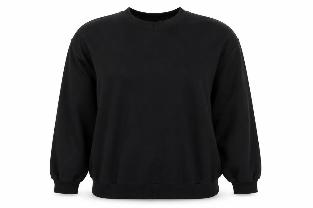Front view of Boohoo women’s black pullover sweatshirt, size UK 14