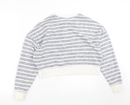 Back view of Primark women’s blue striped pullover sweatshirt, size XS