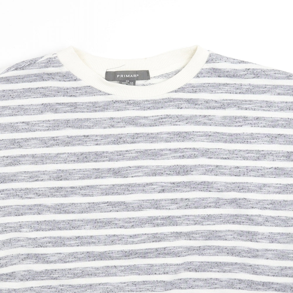 Close-up detail of Primark women’s blue striped pullover sweatshirt, size XS