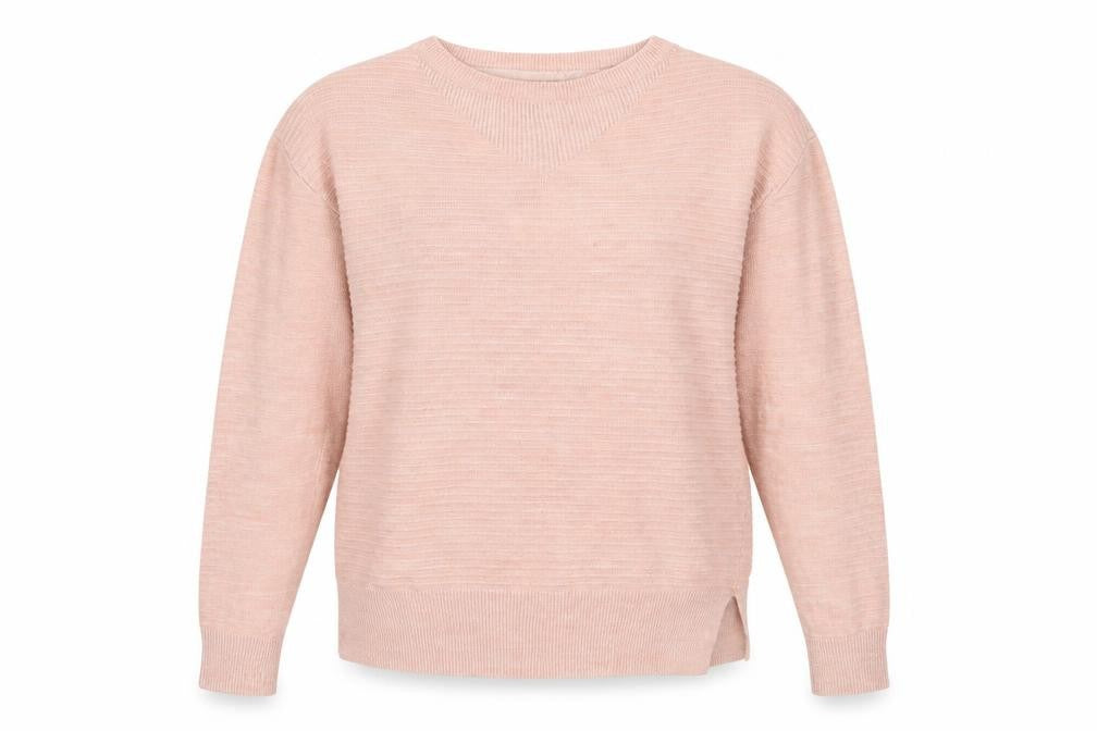 Front view of Next women’s pink striped knit jumper, size UK 8
